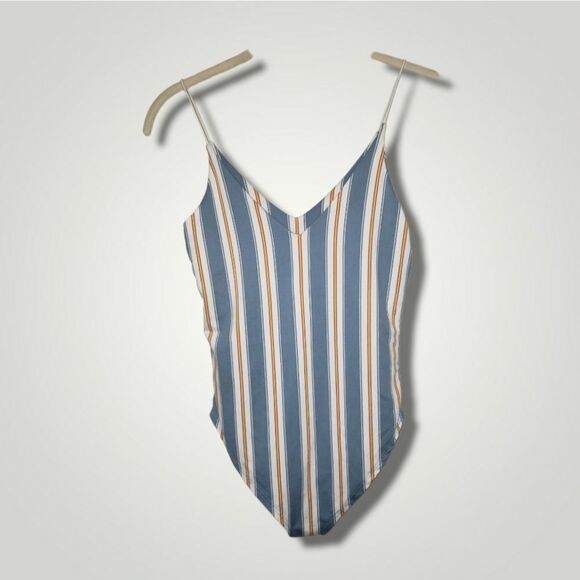 Gaze Women's Spaghetti Strap Snap Blue Vertical Stripe Bodysuit Size XS - Picture 2 of 8